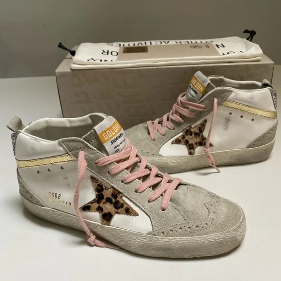 Golden Goose Mid Star Sneaker White Leather/Gold/Leopard Star sz 38 New in Box - Picture 12 of 14